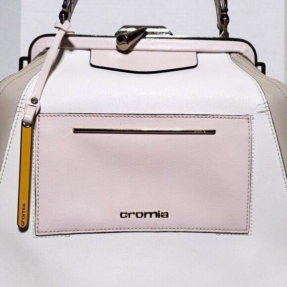 Cromia White Pink Coated Colorblock Suede Textured Leather Satchel Womens - Picture 2 of 16